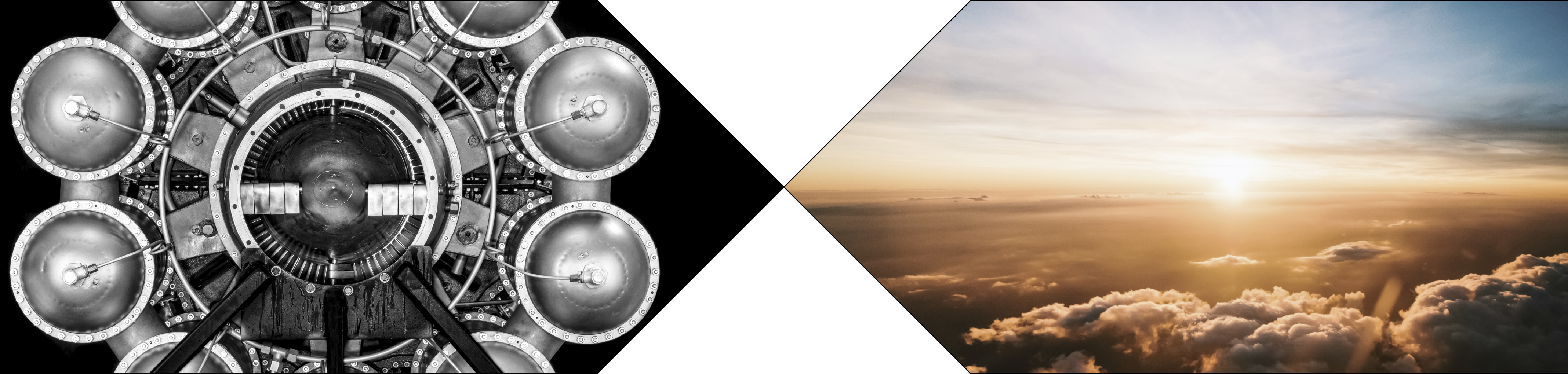 An 'X' shape with a black and white photograph of a front-on view of Frank Whittle's jet engine protruding from the left and a photograph taken from an airplane of a rocket launch in the far distance breaking through sparse clouds at dawn on the right.